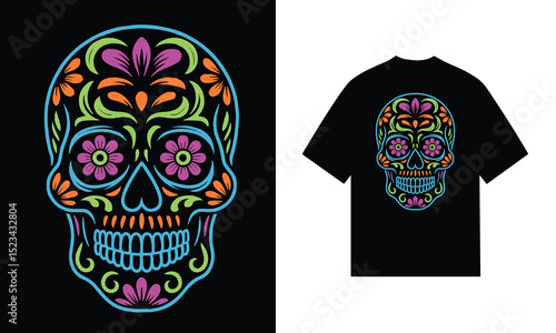 Colorful sugar skull design for t-shirt print
