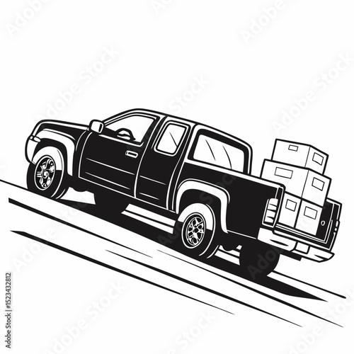 Black and white illustration pickup truck carrying boxes uphill