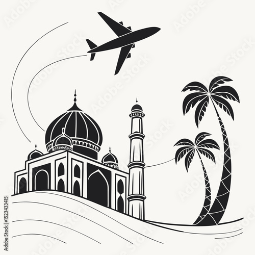Airplane flying over taj mahal and palm trees travel illustration