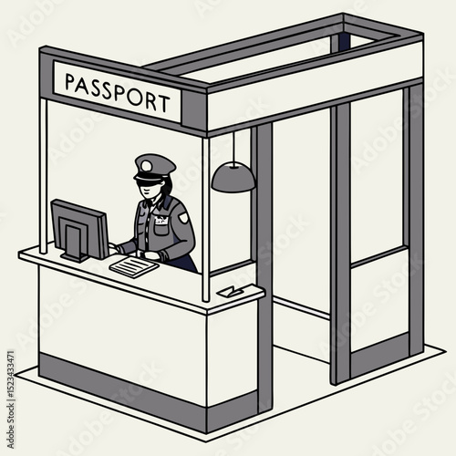 Passport control officer at airport counter isometric illustration