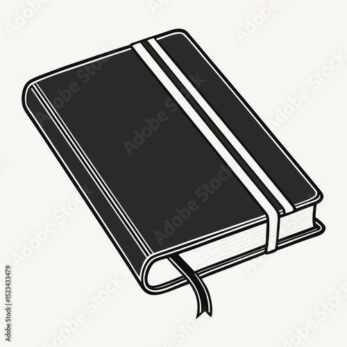 Closed black notebook with elastic band and ribbon bookmark