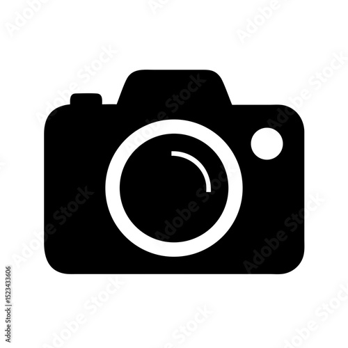 Crisp black silhouette of a photography camera, isolated on white background
