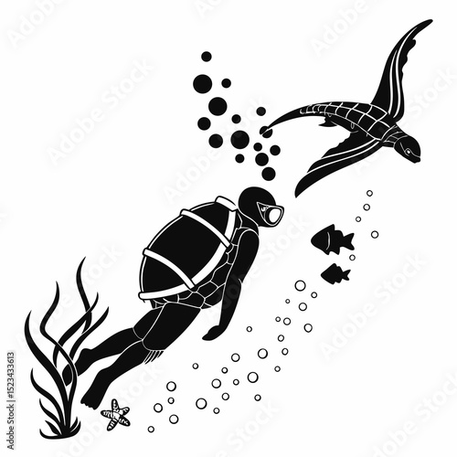 Underwater scuba diver with sea turtle and fish