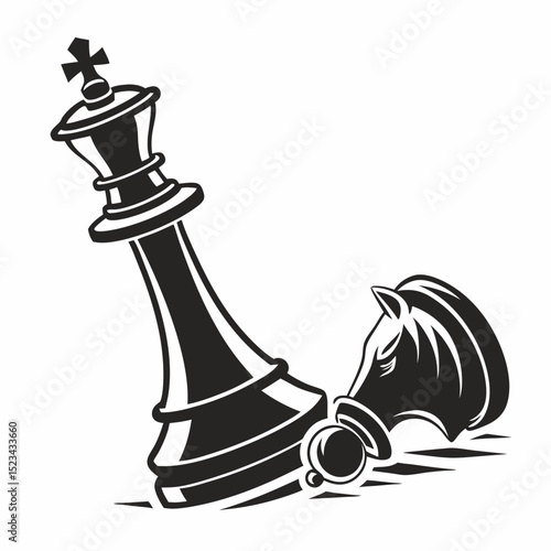 Fallen king chess piece checkmated by knight dramatic black and white illustration