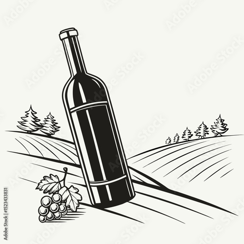 Wine bottle resting on vineyard hillside with grapes