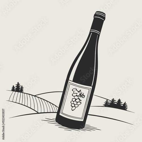 Wine bottle resting on vineyard hillside landscape