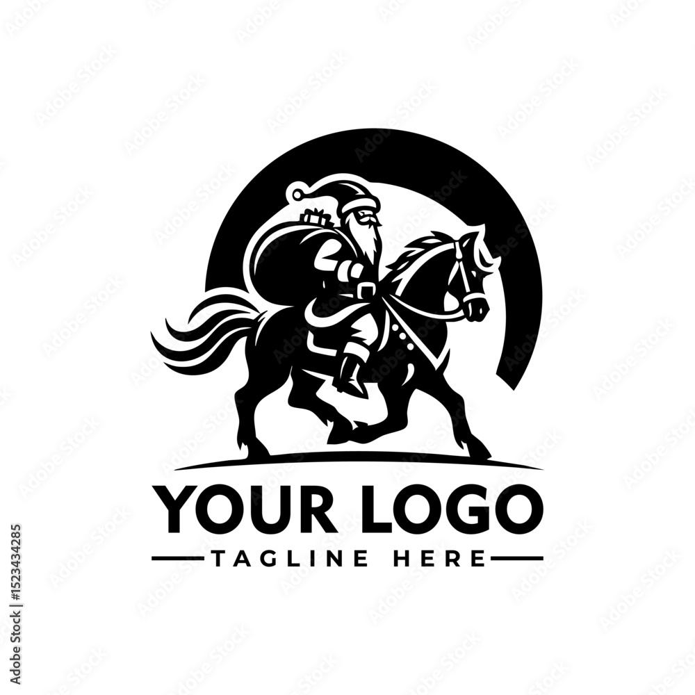 Naklejka premium Santa Claus riding a horse carrying a sack full of gifts, black and white cartoon vector illustration 