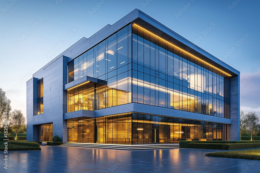 Obraz premium Modern Building with Glass Facade in Urban Landscape - Contemporary Design and Futuristic Architecture for Investment Property