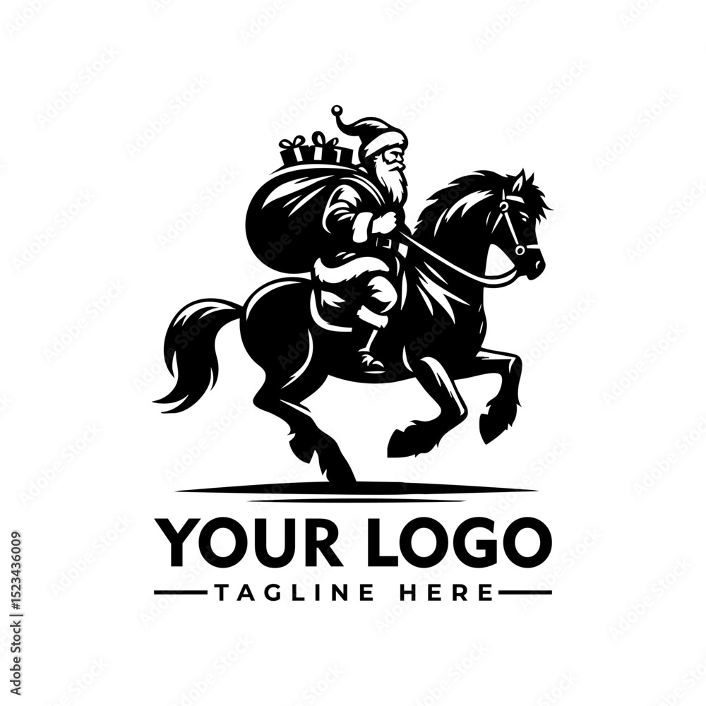 Fototapeta premium Santa Claus riding a horse carrying a sack full of gifts, black and white cartoon vector illustration 