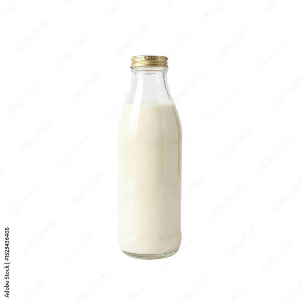 A classic glass milk bottle filled with fresh white milk, standing alone against a transparent background.. A classic glass milk bottle filled with fresh white milk, standing alone against a transparent background..