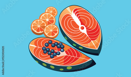 Salmon fillet with caviar and orange slices