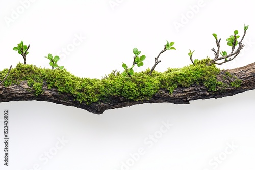 Spring Forest Ecosystem. Mossy Branch Surface and Lush Green Plant Life in Nature Photography