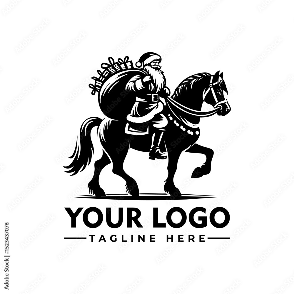 Naklejka premium Santa Claus riding a horse carrying a sack full of gifts, black and white cartoon vector illustration 