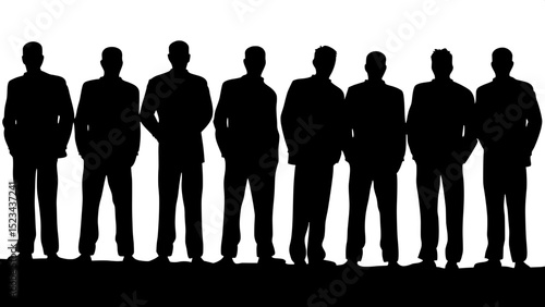"Ten silhouetted figures in tuxedos stand shoulder-width apart in a perfect horizontal line on a white canvas. They are symmetrically arranged, casting deep shadows beneath them, with strong, crisp li