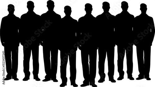 "Ten silhouetted figures in tuxedos stand shoulder-width apart in a perfect horizontal line on a white canvas. They are symmetrically arranged, casting deep shadows beneath them, with strong, crisp li