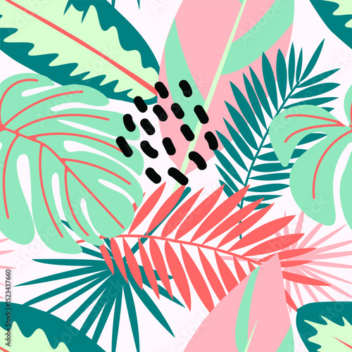 Colorful palm leaves seamless pattern in bright tropical tones for summer stationery, gift wrap, and paper design. Vector illustration