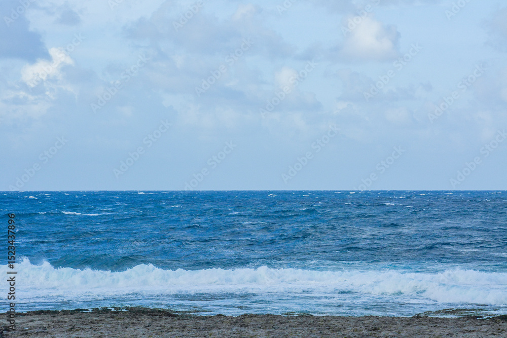 Obraz premium Rough Ocean Waves Impacting a Rocky Beach: A powerful scene of wind-driven ocean waves crashing and creating sea spray as they hit a dark, rocky shore.