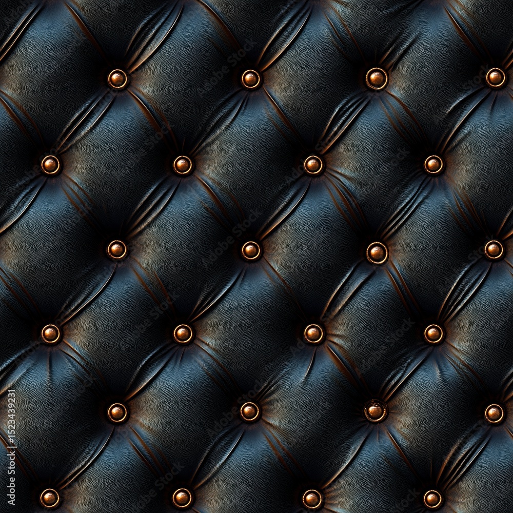 Fototapeta premium Seamless, dark black leather capitone upholstery with subtle button tufting and metallic bronze highlights, creating a classic and sophisticated texture ideal for elegant backgrounds and designs.