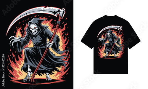 Grim reaper in flames with scythe t-shirt design