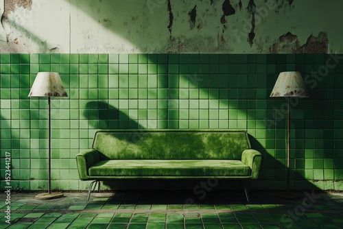 Wallpaper Mural Emerald lounge Sofa with lamps against aged tiled wall under sunlight Torontodigital.ca