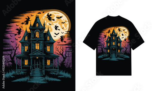 Haunted house halloween night witches bats moon