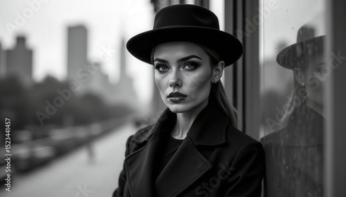 Elegant Monochrome Fashion Portrait of Sophisticated Woman Outdoors