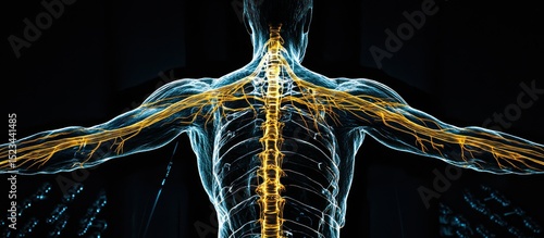 Human nervous system visualization with glowing neural pathways and skeletal frame
