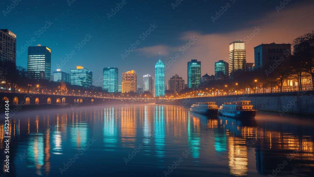 Fototapeta premium City skyline at night reflected in river with bridge and boats under a dark blue and orange sky