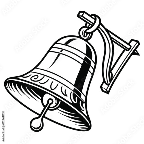 Vintage black and white illustration of a hanging bell