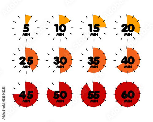 Timer Icons Set of 12 Circle Countdown Clocks for 5, 10, 15, 20, 25, 30, 35, 40, 45, 50, 55, and 60 Minutes