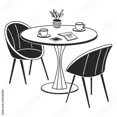 Cozy cafe table scene two chairs coffee cups plant