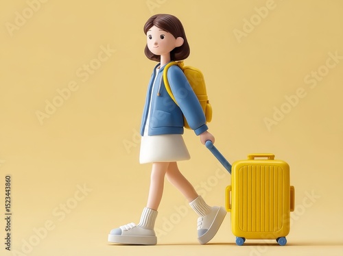 3D illustration of a girl with a yellow suitcase and backpack, ready for travel