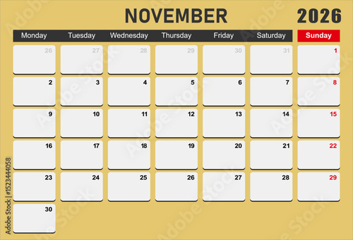 2026 year calendar. month, The week start on monday. EPS file vector.