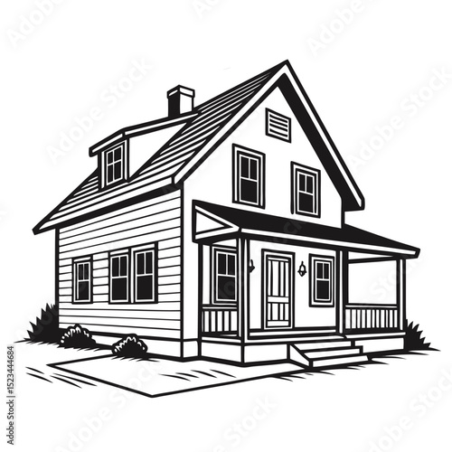 Classic suburban house black and white line drawing illustration
