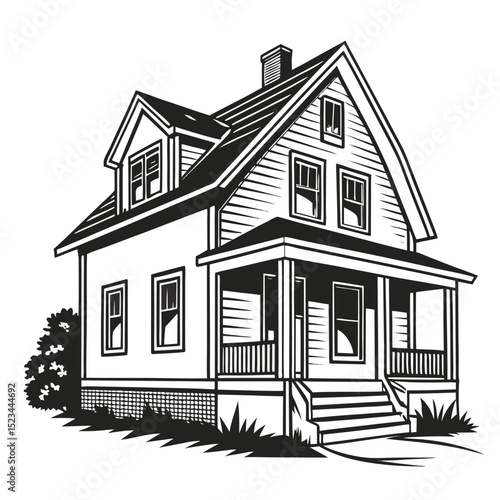 Classic suburban house black and white illustration home design