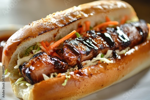 Wallpaper Mural Glazed pork belly sandwich on bun with slaw, carrots, sauce drizzled on top Torontodigital.ca