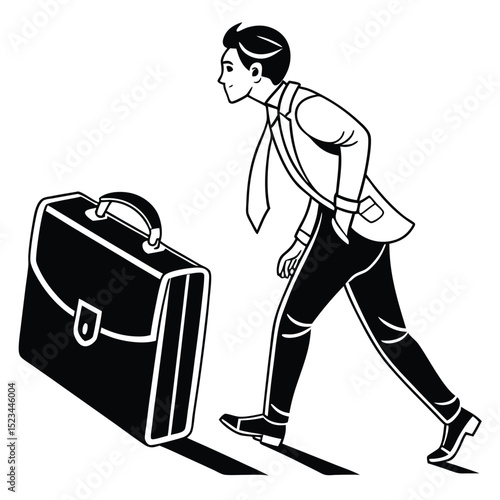 Businessman walking away from large briefcase leaving work job