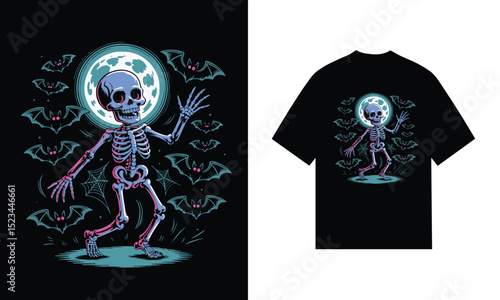 Skeleton dancing bats moon halloween night spooky fun