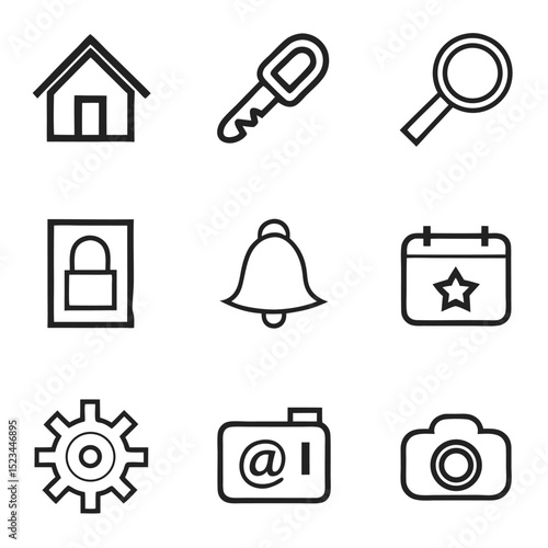 Simple line icons set home key search lock bell calendar settings email camera