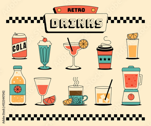 Retro drinks collection. Vintage bar beverage set with cocktails, cola, coffee and more. Fun colorful design perfect for bar, snack bar cafe and summer themes. Flat vector illustration in 1950s style