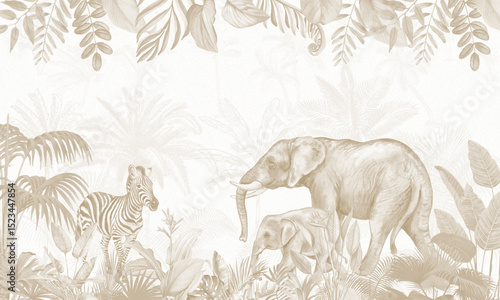 Fotografie Aged Wildlife Wall Mural: Elephants, Zebras in Retro Brown Tropical Forest
