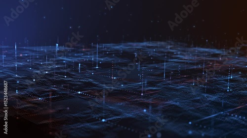 Futuristic Digital Grid Background with Glowing Blue and Red particle.