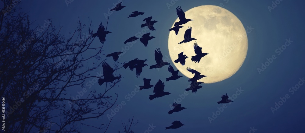 Night birds fly near full moon Night birds fly near full moon