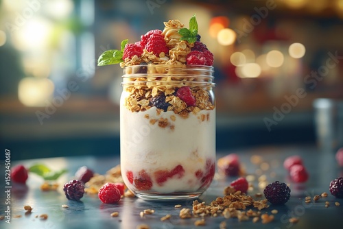 Refreshing Layered Yogurt Parfait with Granola, Raspberries, and Blueberries for a Healthy Snack or Dessert