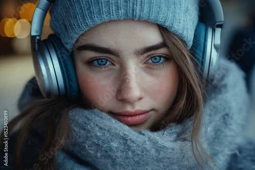 Young Woman in Winter Fashion with Gray Beanie and Headphones Stylish Urban Portrait with Blue Eyes in Outdoor Setting
