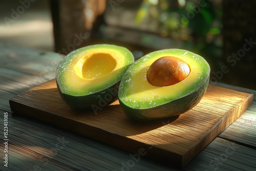 Healthy Avocado Halved on Wooden Board. Fresh Organic Produce for Nutrient-Rich Avocado Toast and Creative Food Photography