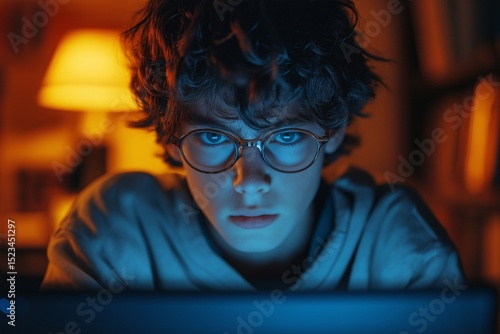 Focused Teenager with Glasses Studying on Laptop at Night - Exploring Online Learning and Digital Literacy in a Comfy Home Office Setting