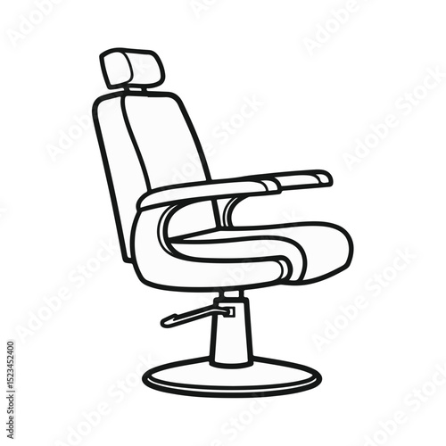 Black and white line art illustration of a barber chair. It has a headrest, armrests, adjustable height and a circular base.