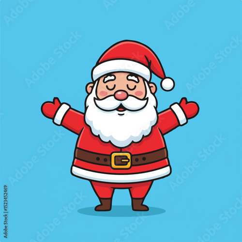 Cartoon Santa Claus with eyes closed and arms outstretched, wearing a red suit and hat. He has a white beard and a brown belt on a blue background.