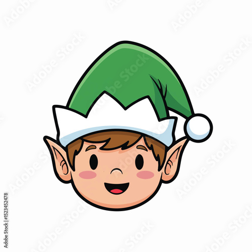 Cartoon elf face. Smiling with rosy cheeks, pointed ears, wearing a green and white elf hat. Cute, simple design.